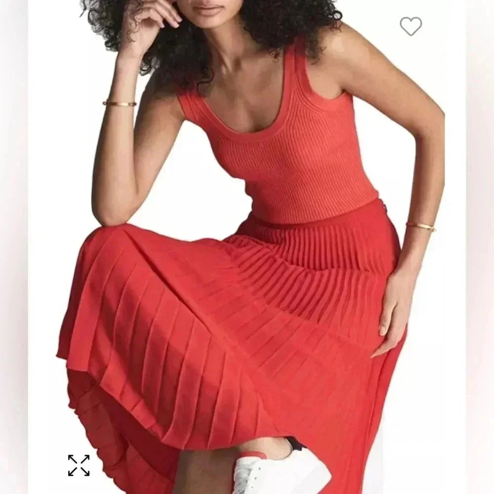 REISS Izzie Pleated Burnt Orange Midi  Skirt Sz 2